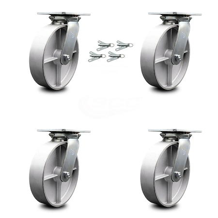 Heavy Duty Large Top Plate Semi Steel Cast Iron Swivel Caster w/Main. Free Bearings Set of 4 w/8" x 2" Silver Wheels - Includes 4 Swivel w/Bolt on Swivel Lcks-5000lbs Total Cpty - Service Caster Brand